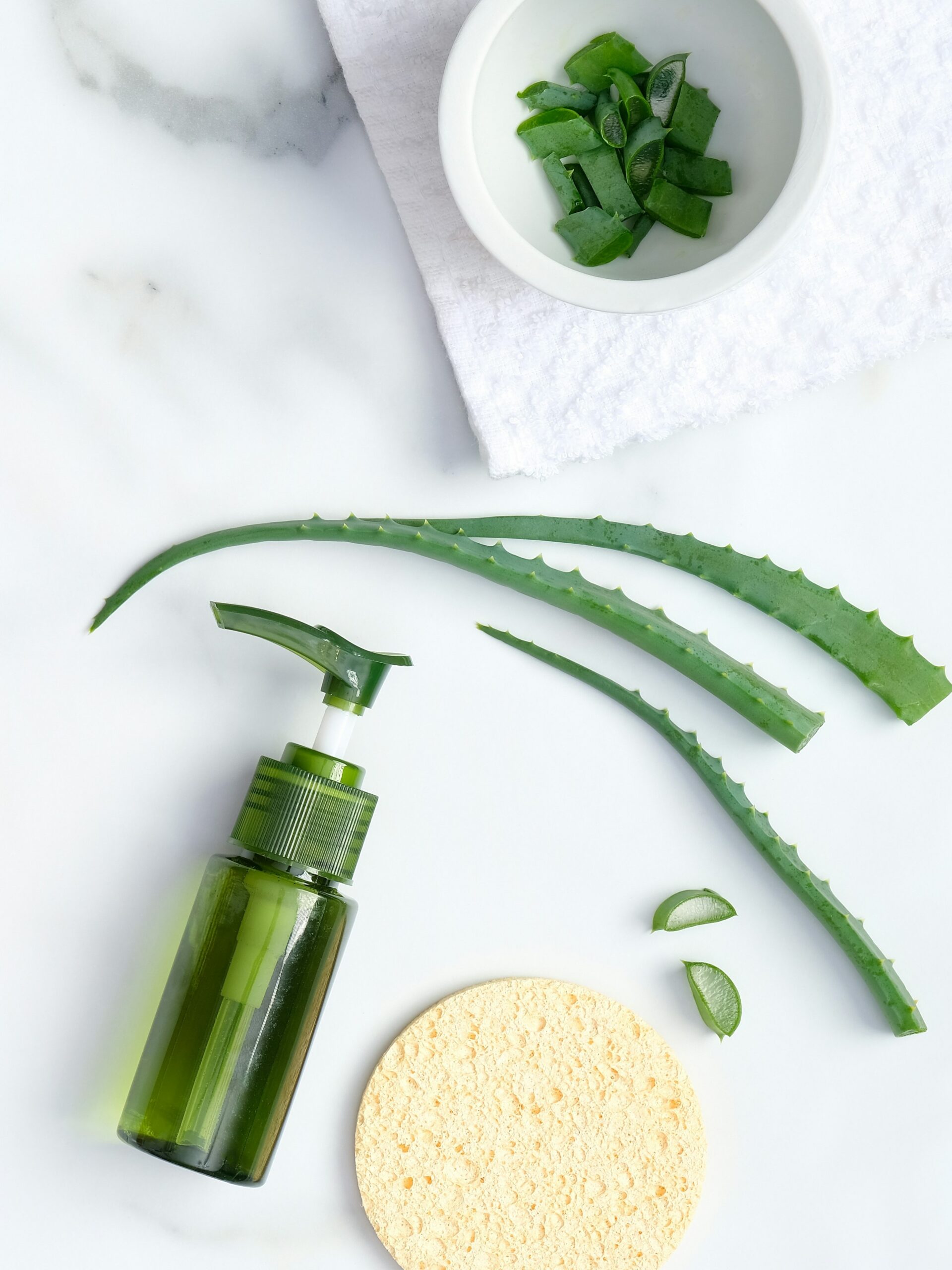 Flatlay mit beruhigenden Aloe-Vera-Pflegeprodukten, natürlicher Aloe Vera und einem Schwamm