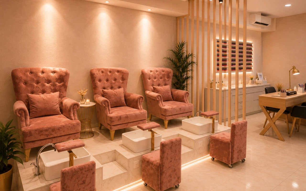 Ein luxuriöser, warm beleuchteter Pediküre- und Kosmetiksalon in einer sanften Altrosa-Farbpalette. Auf der linken Seite stehen drei gemütliche, altrosafarbene Sessel mit Knopfheftung und passenden Kissen auf einem erhöhten Marmorpodest. Vor jedem Sessel befinden sich ein weißes, quadratisches Becken mit goldener Armatur und ein kleiner, rosafarbener Rollhocker für das Personal. Eine Trennwand aus Holzlamellen trennt den Pediküre-Bereich von einem Maniküre-Tisch auf der rechten Seite und einem hinterleuchteten Wandregal, in dem Nagellackfläschchen in Reihen aufgereiht sind.