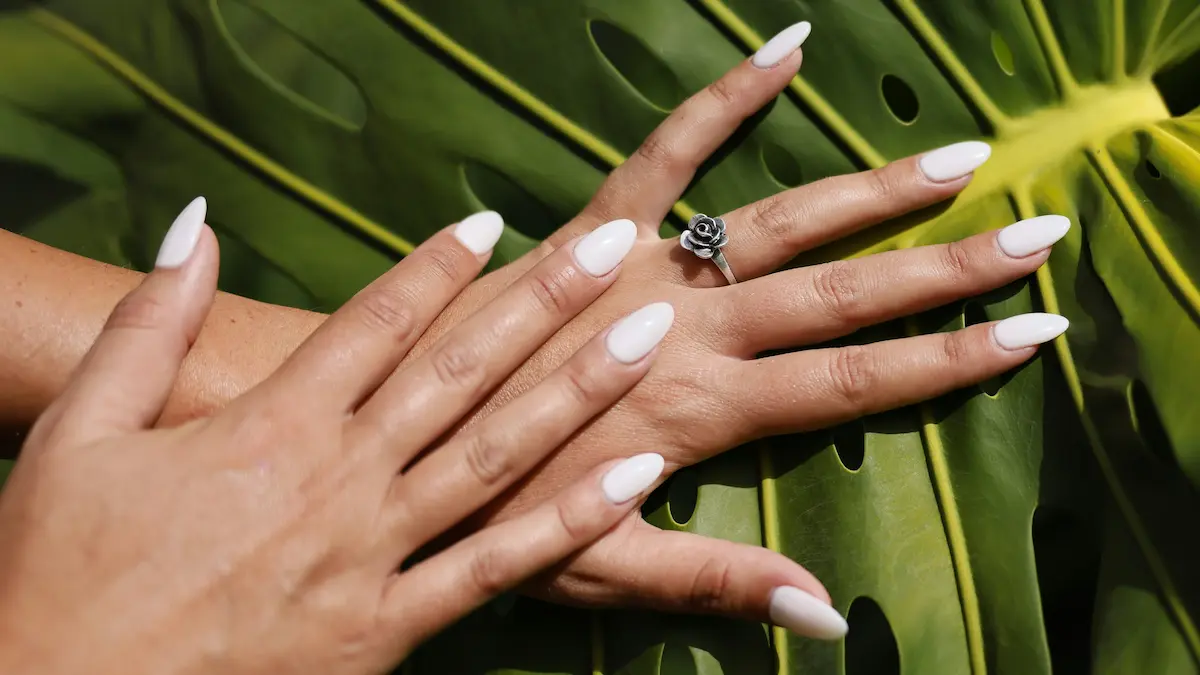 Studioaufnahme frischer Acrylnägel in Mandelform und Nude-Ton vor einem Palmblatt-Hintergrund