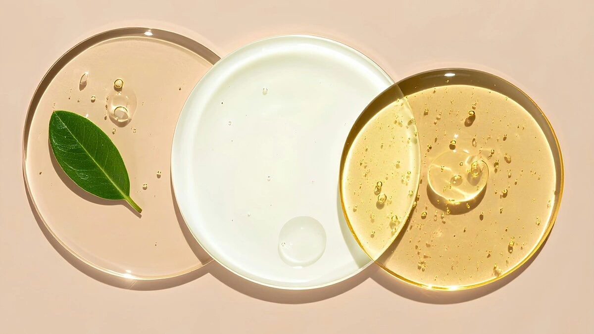 Draufsicht auf drei sich überlappende Kreise feuchtigkeitsspendender Gesichtspflegeprodukte auf zartem Pfirsichhintergrund